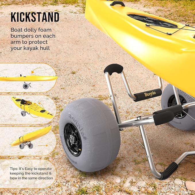 Bonnlo Kayak Cart Trolley Canoe Paddle Board Boat Cart Carrier Dolly with 12" Big Beach Wheels Balloon Kayak Transport Wheels Cart Foldable, Free Pump, 2 Ratchet Straps- Perfect for Soft Sand