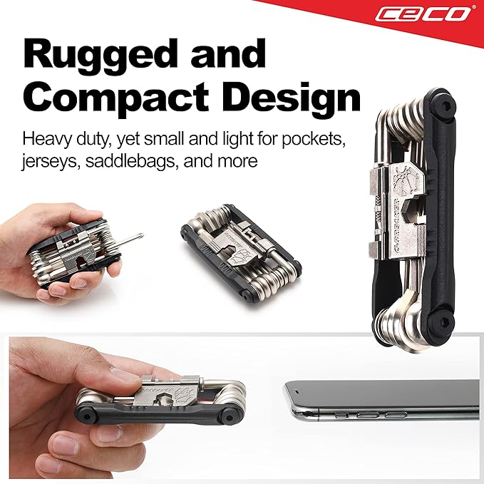 CECO USA 20 Function Bike Tool with Chain Breaker, Bicycle Multi Tool, Heavy Duty, Compact Pocket Sized, Lightweight, High Strength CR-V 6150 Tool Steel, Easy To Carry, Case Pouch Included