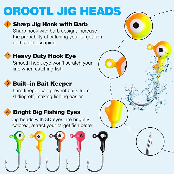 OROOTL Fishing Jig Heads Hooks Set, 60pcs Assorted Round Jig Head with 3D Eyes Painted Jig Heads for Crappie Bass Walleye 3/8oz 1/4oz 1/8oz 1/16oz 1/32oz Saltwater Freshwater Fishing Tackle Kit