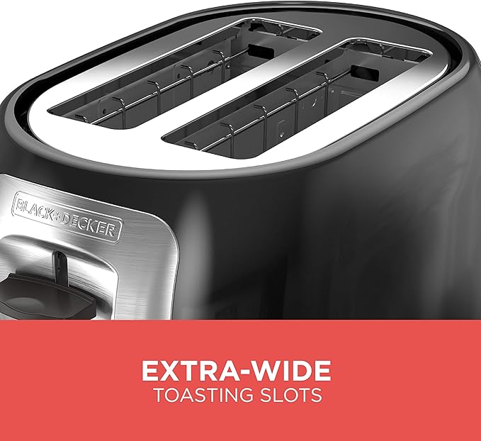 BLACK+DECKER 2枚焼きトースター TR1278BD、ワイドスロット、7段階焼き色調整、850W、冷凍パン・ベーグルボタン
