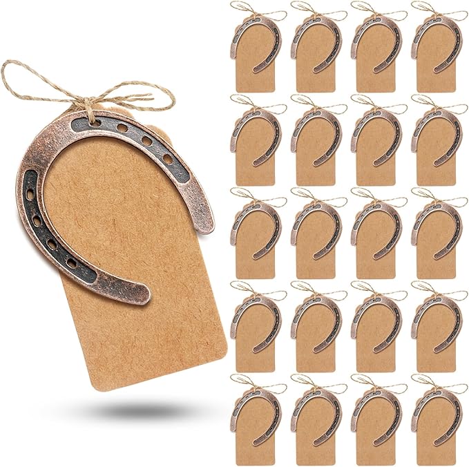 AerWo 20pcs Good Lucky Horse Shoes with Kraft Tag, Metal Mini Craft Horseshoes Decorations for Rustic Vintage Wedding Party Decor Western Party Decorations