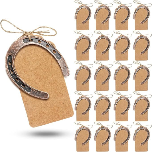 AerWo 20pcs Good Lucky Horse Shoes with Kraft Tag, Metal Mini Craft Horseshoes Decorations for Rustic Vintage Wedding Party Decor Western Party Decorations