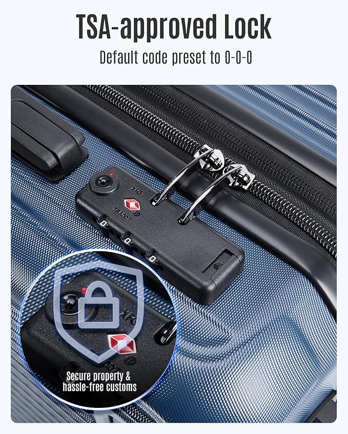 LIGHT FLIGHT 3点セットスーツケース、機内持ち込み可能 拡張機能付き荷物 22x14x9 航空会社承認済み、ハードサイド車輪付き機内持ち込みスーツケース、TSAロック付き旅行用荷物セット、ロイヤルブルー