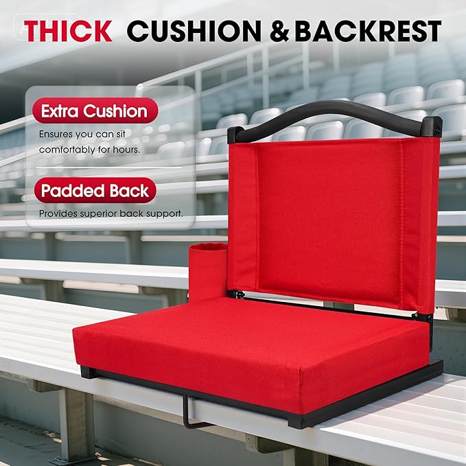 Fragess Bleacher seat, Stadium Seats with Back Support and Thick Cushion, Bleacher Chairs with Shoulder Strap and Side Pocket, Stadium Seat for Bleachers, Perfect for Sports Events(RED)