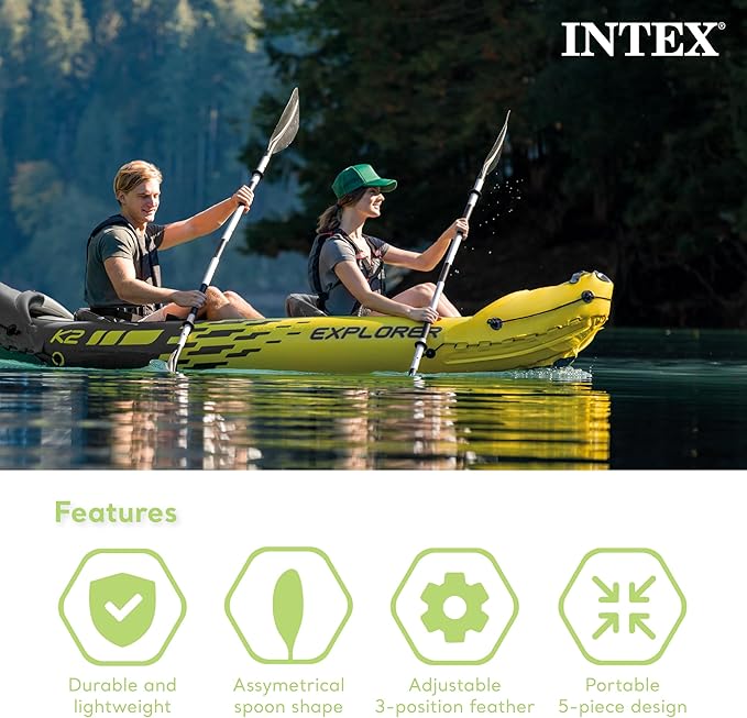 Intex 69629E 86" Kayak Paddle: Ribbed Spoon Shaped Blades – Durable Lightweight Shaft – Comfortable Grips – 3-Position Feather Adjustability – TUV RL Approved