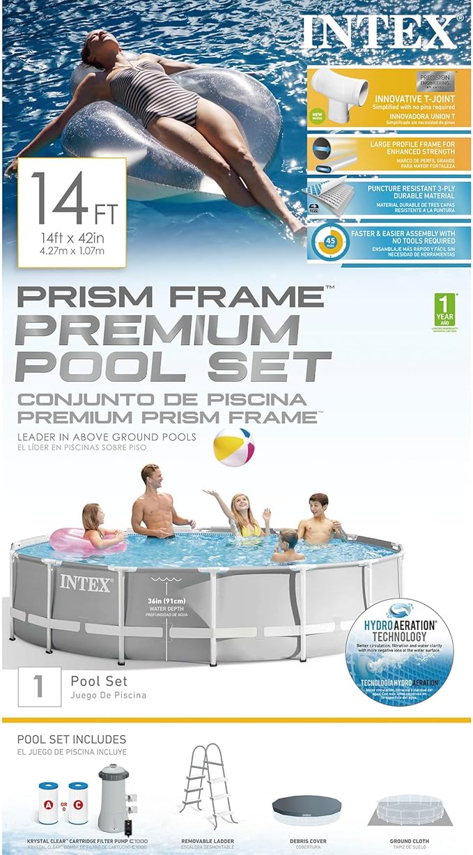 Intex 26719EH Prism Frame Premium Above Ground Swimming Pool Set: 14ft x 42in – Includes 1000 GPH Cartridge Filter Pump – SuperTough Puncture Resistant – Rust Resistant – 3357 Gallon Capacity
