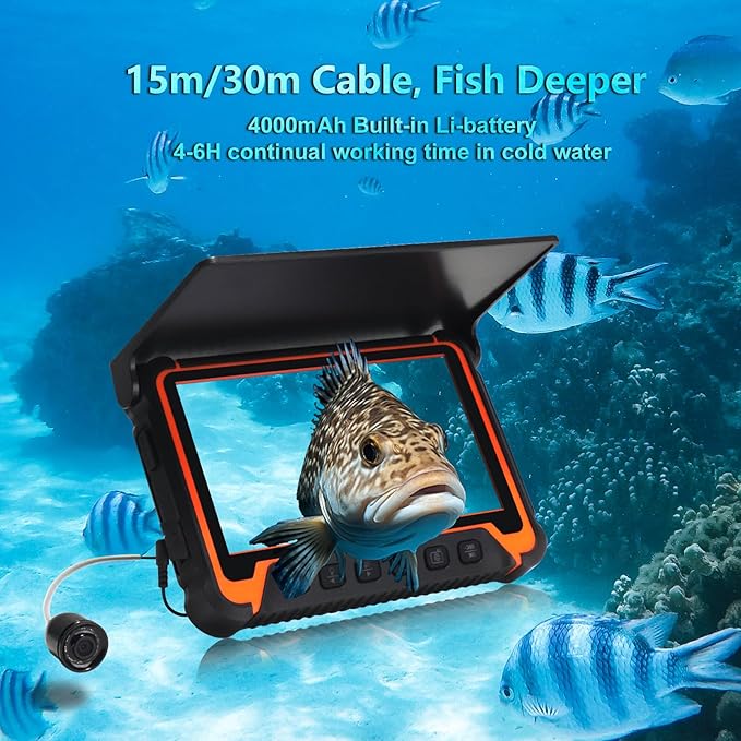 Portable Fish Finders,Underwater Fishing Camera with 7''IPS Screen,1000TVL Ice Fishing Camera with 12pcs Infrared Lights,6H Battery,USB-C Charging,49FT/15M Cable for Lake Boat Ice Fishing