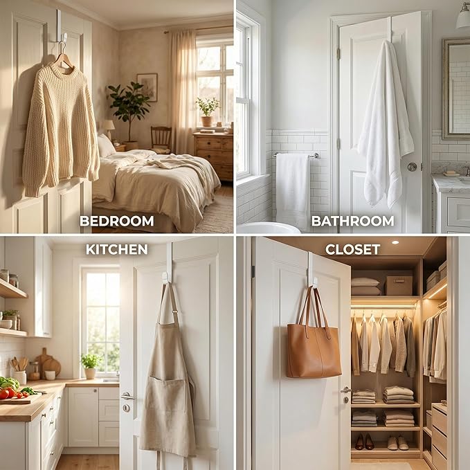 Unjumbly 4 Pack Over The Door Hooks - Fitting Door Width Between 1 3/8" and 1 3/4", Reversible Door Hangers for Hanging Clothes, Towels, Coats and More (White) (White, 4 Pack (Long-7.8"))