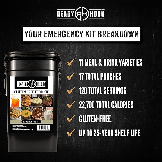 Ready Hour グルテンフリーフードキット (120食分)、グルテンフリーサバイバルキット、フリーズドライサバイバル食料備蓄、緊急時備蓄、プレッパー用品、25年間保存可能