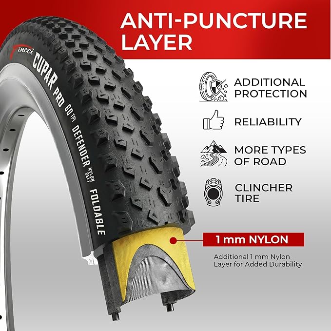 Fincci Foldable 26x2.10 Mountain Bike Tires - 26 Inch Bike Tires with 1mm Nylon Puncture Proof - Black Kevlar 26 Bike Tyre 60 TPI with Cross Country Profile for MTB, XC, Folding, Hybrid Bicycles