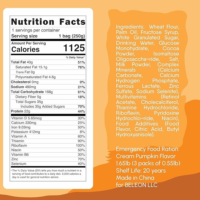 Emergency Food Supply - Cream Pumpkin Survival Ration - 20 Years Shelf Life - 3 Days