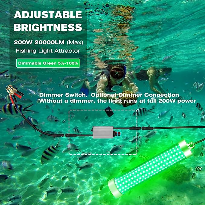 Underwater Fishing Light 12V / 110V Fish Attracting Light for Boat Docks Kayaks at Night, Submersible Green Light for Crappie Snook Squid Bait Catfish (16.4ft / 33ft Cable)
