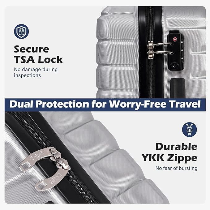 Coolife Medium Checked Luggage with Spinner Wheels, Hardside Suitcase TSA Lock Lightweight Travel Luggage 24-inch,Silver