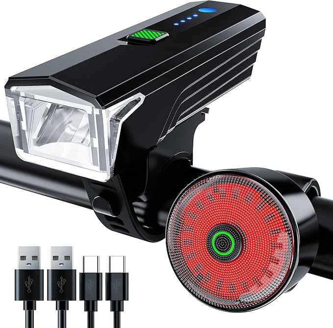 2025 Anti-Glare Front Rear Sensor 3000 Bike Lights, 5+6 Kind Warning Modes Bicycle Light and Tail Light Set, Long Time Waterproof Bike Accessories for Night Riding City Streets Mountain, Black