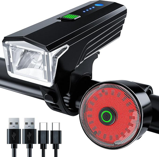 2025 Anti-Glare Front Rear Sensor 3000 Bike Lights, 5+6 Kind Warning Modes Bicycle Light and Tail Light Set, Long Time Waterproof Bike Accessories for Night Riding City Streets Mountain, Black