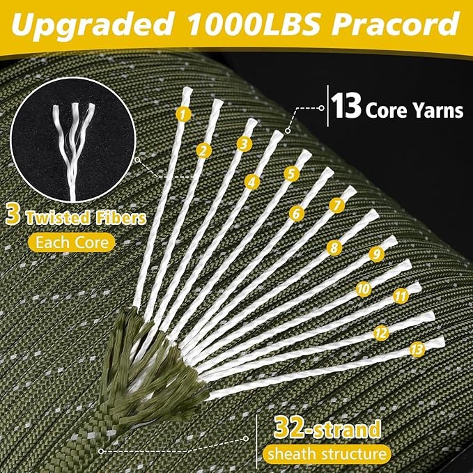 X XBEN パラコード 反射材入り 1000lb 4mm 13芯 50/100/200/500/1000フィート パラシュートコードスプール、高耐久パラコードロープ キャンプ、釣り、ハイキング、ハンティング、DIYクラフト用 (ブラック)