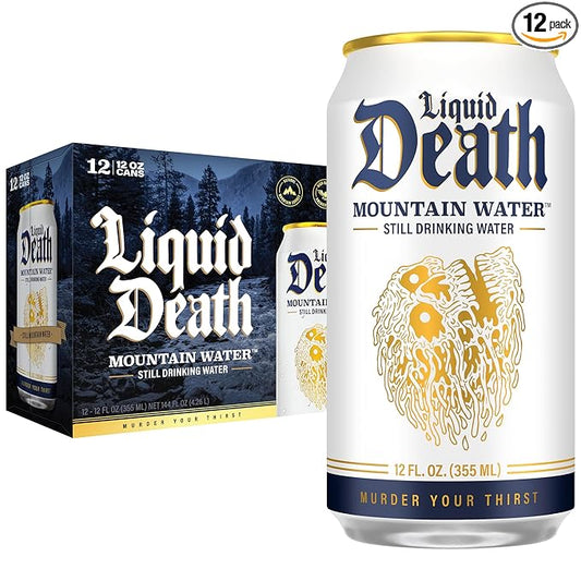 Liquid Death Still Mountain Water, Real Mountain Source, Ice-Cold Cans, Infinitely Recyclable, 12 Fl Oz (Pack of 12)
