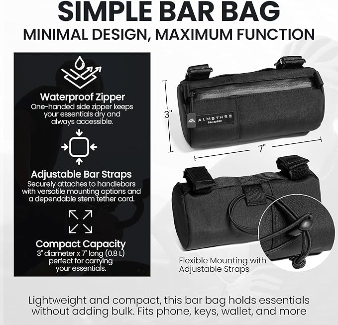 ALMSTHRE Simple Bar Bag | Soft-Shell Bike Handlebar Bag with Waterproof Zipper & Adjustable Straps | Lightweight Bicycle Handlebar Bag (Simple, Midnight Black)