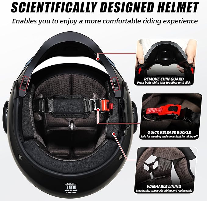 TRIANGLE Convertible Full Face Motorcycle Helmet DOT Approved for Men Women, Multi-Configuration 3/4 Open Face Street Bike Helmet with Internal Tinted Sunshield, Includes Storage Bag