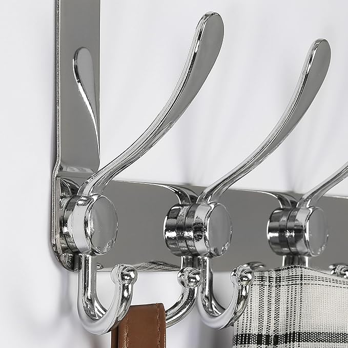 Dseap Over The Door Hook Hanger - Fits 1 3/8" to 1 3/4" Standard Doors | 5 Tri Hooks Heavy Duty Towel/Coat Rack | Door Organizer for Clothes, Jackets, Hats, Towels, Chromed, Pack of 2