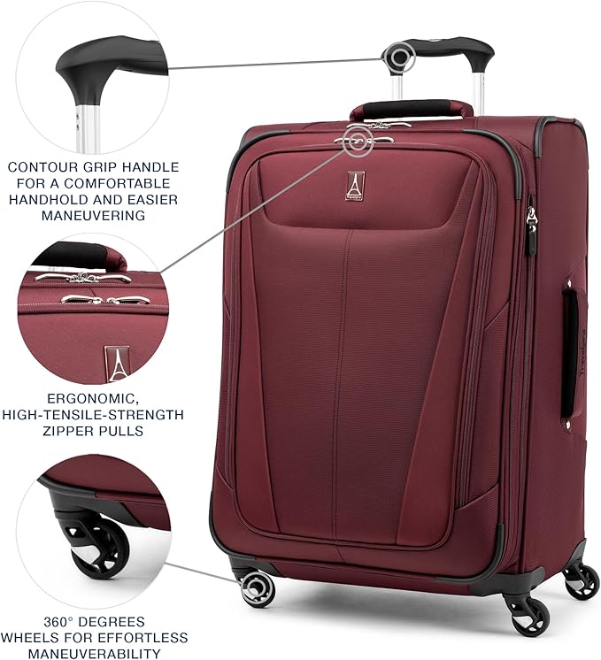 Travelpro Maxlite 5 ソフトサイド 拡張可能荷物 4輪スピナー付き 軽量スーツケース 男女兼用 バーガンディ チェック済み-M 25インチ