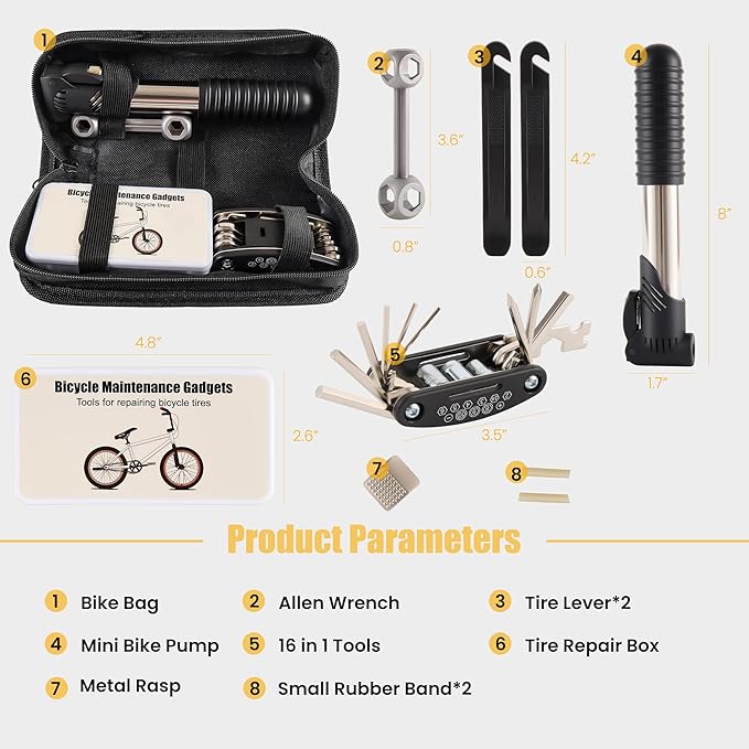 33Pcs Bike Repair Tool Kit with Mini Bicycle Pump, 16 in 1 Multi-Tool, 2mm-6mm Allen Wrenches, Bicycle Repair Bag Used for Mountain and Road Bikes