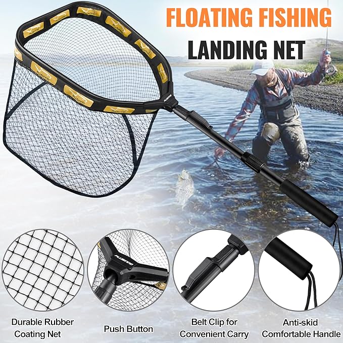 PLUSINNO Floating Fishing Net for Steelhead, Salmon, Fly, Kayak, Catfish, Bass, Trout Fishing, Rubber Coated Foldable Landing Net with Fixed or Telescoping Pole Handle, Fishing Gear and Gifts for Men
