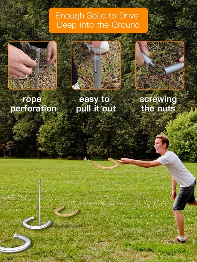 NQV Horseshoe Outdoor Game Set –Horse Shoe Game Kit,Sports Horseshoes Sets, Includes 4 Steel Horseshoes, 2 Metal Stakes & Carry Bag – Perfect for Lawn, Backyard, or Tailgating