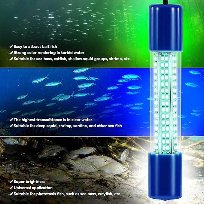 18W Underwater Fishing Light, IP68 Waterproof DC 12-24V LED Fish Bait Light Submersible Finder Attractants Lamp for Crappie Shrimp Squid Catfish + Battery Clamps, 16.4ft Cable Green/Blue/White Light