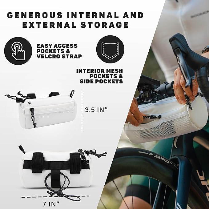 Lumiere & Co. Bike Handlebar Bag - Durable, Multiple Size and Color Options - Dual Elastic Straps, Clips & Hook-and-Loop for Customizable Fit (White, small)