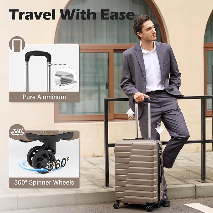 Coolife 中型チェックイン荷物 スピナーホイール付き ハードサイドスーツケース TSAロック 軽量 旅行用荷物 24インチ、ブラウン