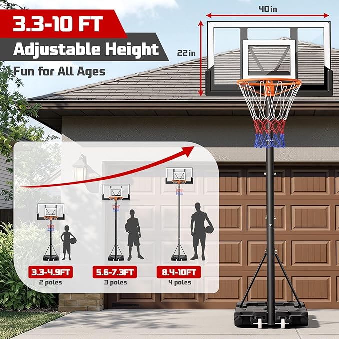 Basketball Hoop Outdoor 10FT with Shatterproof 40 Inch Backboard, Portable Basketball Hoop Goal System for Kids/Youth/Adults in Backyard/Driveway/Indoor