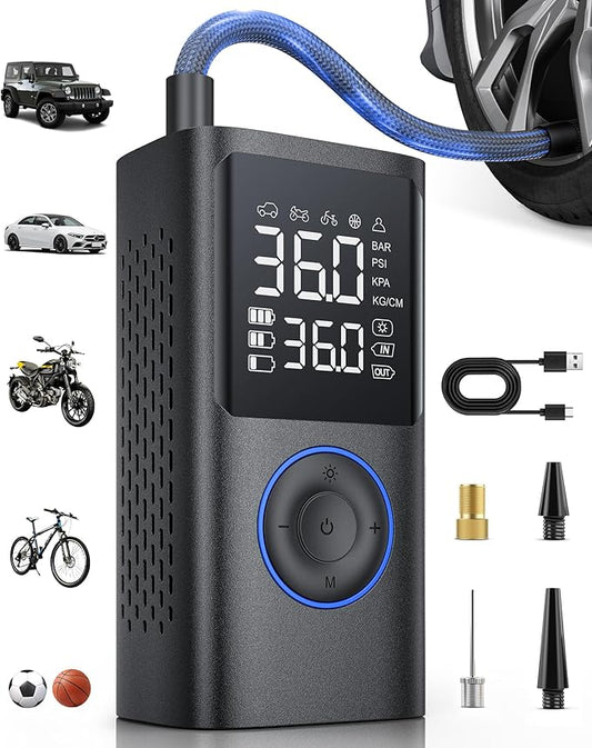 Powools Tire Inflator Portable Air Compressor, 150 PSI Cordless Bike Pump, Air Pump for Auto, Motorcycle, Bicycle, Balls with Pressure Gauge, LED Light & Car Accessories, Blue, Standard Capacity