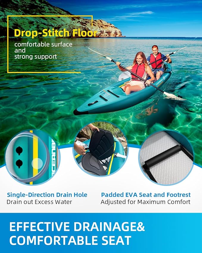 OCEANBROAD インフレータブル シットイン カヤック (HINなし)、パドル、カヤックシート、ペダル、ハンドポンプ、バッグ付き大人用1人用/2人用カヤック、ブルー/スカイブルー