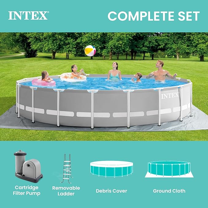 INTEX 26731EH Prism Frame Premium Above Ground Swimming Pool Set: 18ft x 48in – Includes 1500 GPH Cartridge Filter Pump – Removable Ladder – Pool Cover – Ground Cloth