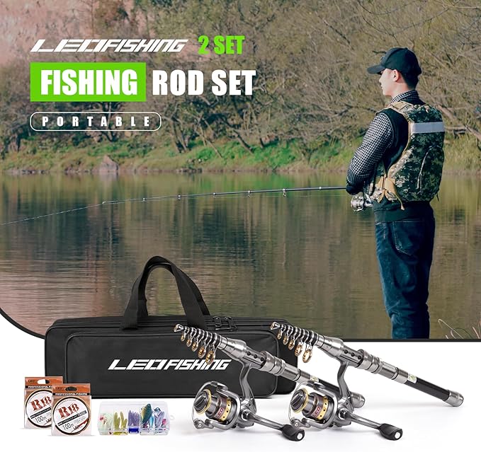 LEOFISHING 2Pcs Telespoic Fishing Rod and Reel Combos Collapsible Fishing Pole with Spinning Reel and Necessary Lure Accessories Portable Carrier Bag for Saltwater Freshwater