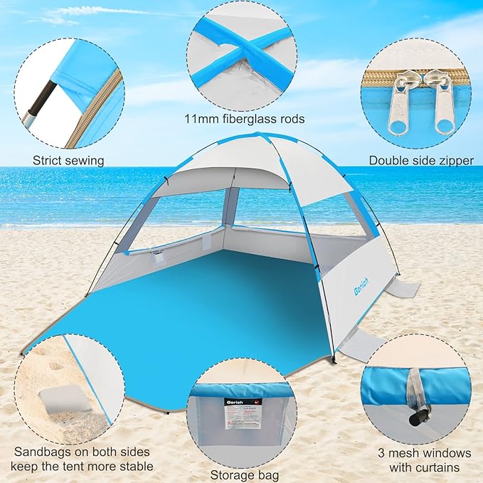 Gorich Beach Tent Sun Shelter for 3/4/6/8/10 Person with UPF 50＋ UV Protection, Lightweight & Easy Setup Beach Shade Canopy, Portable Beach Shade Tent Beach Cabana