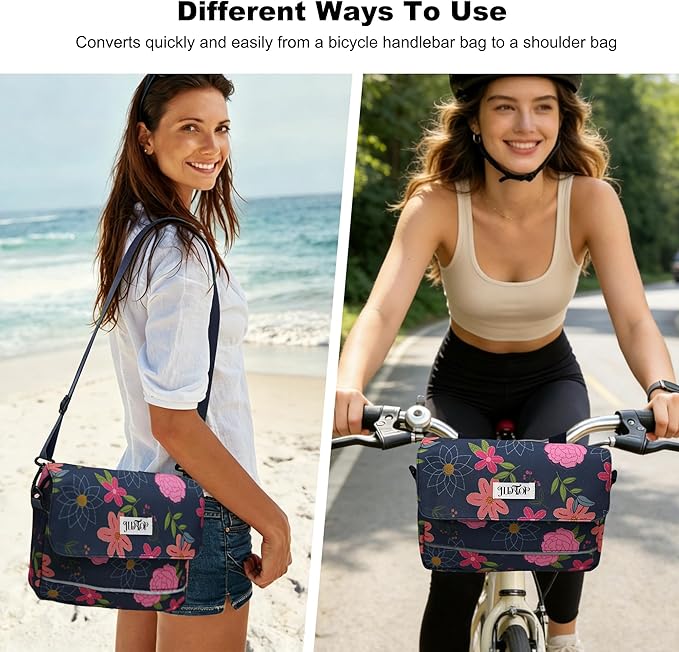 Bike Handlebar Bag, 2.9L Waterproof Bicycle Front Basket Bag with Reflective Strip, Convertible Shoulder Bag for Women, Floral Bike Pouch for Cycling Commuting Outdoor (Blue Floral)