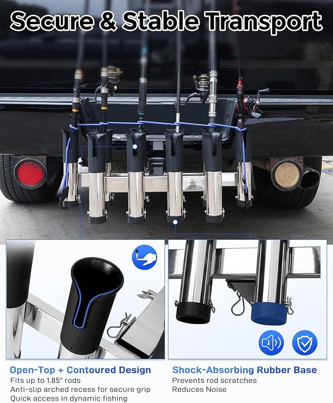 Adjustable Fishing Rod Holder for Truck 2" Hitch Receivers – Holds 6-10 Rods, 3 Angles, Quick Release, Anti-Shake Elastic Straps, Stainless Steel Fishing Pole Holder for Truck