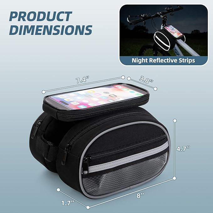 Smasrob Bike Frame Bag with Detachable Touchscreen Phone Window, 4 Zipper Pockets, Bicycle Handlebar Bag with Night Reflective Strips, Black