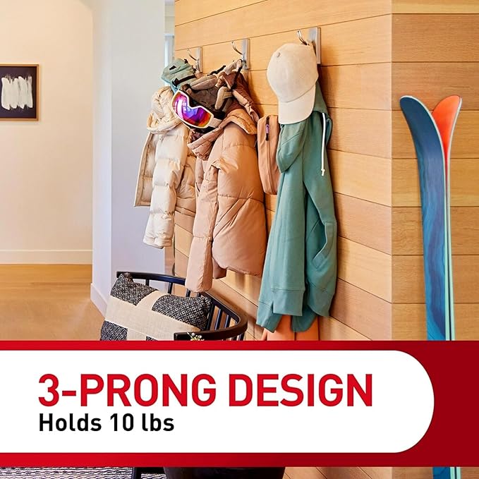Command X-Large Satin Nickel Triple Hook, 2 Hooks, 6 Strips, Damage-Free Hanging with Adhesive Strips, No Tools Wall Hook for Hanging Decorations in Living Spaces