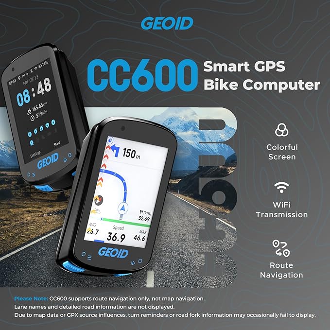 GEOID CC600 Color Screen Bike/Cycling Computer Wireless - Route Navigation with Reroute Planing, WiFi & Bluetooth, Fast 5s GPS Positioning, Free Indoor Training