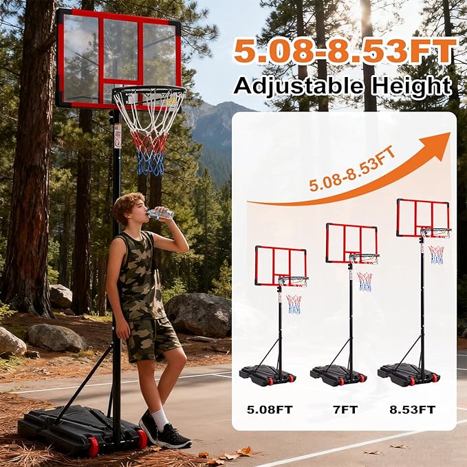 Portable Basketball Hoop Outdoor, Adjustable Basketball Hoops Goal System Shatterproof Backboard, Shock Absorbent Rim, Fillable Base for Swimming Pool/Backyard/Driveway