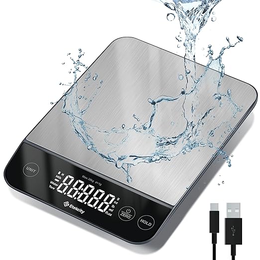 Etekcity デジタルキッチンスケール、グラム・オンス表示、減量、ベーキング、料理用、0.05oz/1g高精度、5種類の計量単位、IPX6防水、USB充電式、304ステンレス製-シルバー、最大10kg