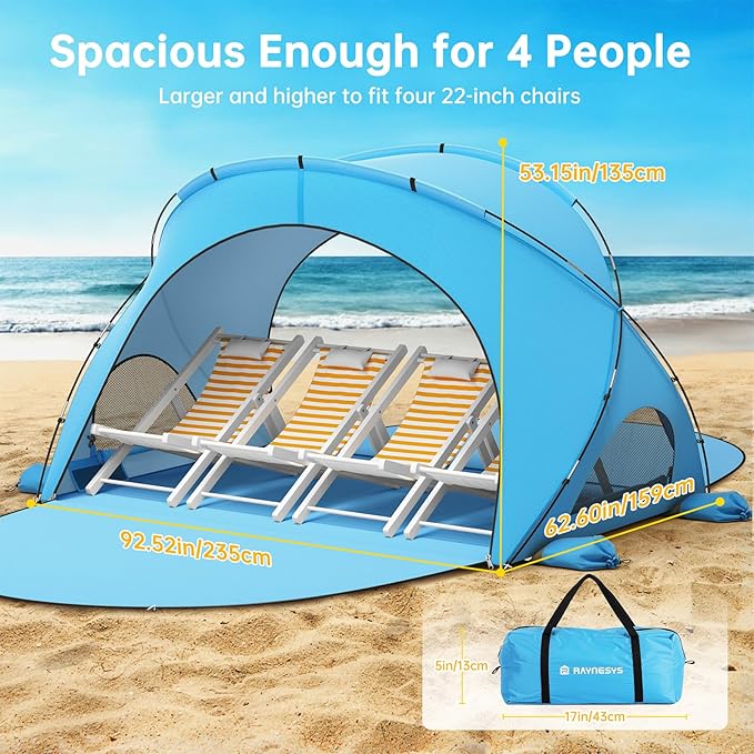 Beach Tent Sun Shelter, Sun Shelter for 1-4 Person, Beach Shade Tent, Beaches Shade with 2 Zippered Doors, Portable Tents for Camping Fishing, Blue