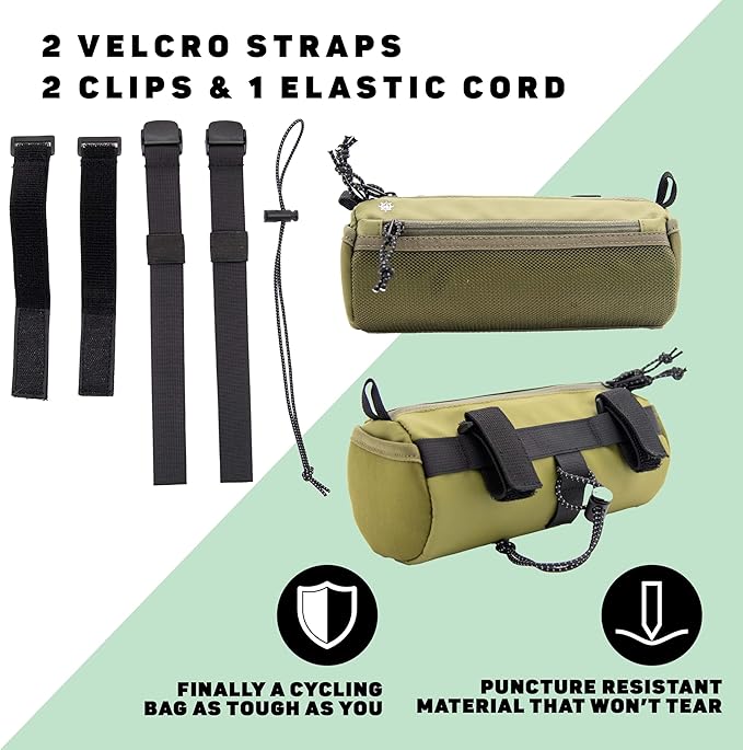 Lumiere & Co. Bike Handlebar Bag - Durable, Multiple Size and Color Options - Dual Elastic Straps, Clips & Hook-and-Loop for Customizable Fit (Green, Medium)