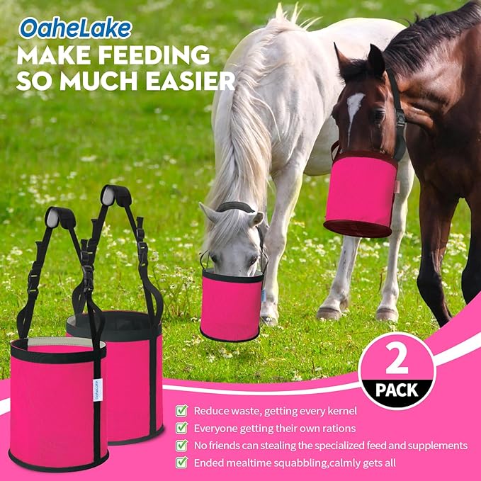 Horse Feed Bag 2 PCs, Breathable Mesh Feed Bags for Horses, Muzzle Feedbag for Feeding Grain, Anti-Spill Design Feeder, Soft Neck Pad Nose Pad, Universal Fit (2-Magenta)