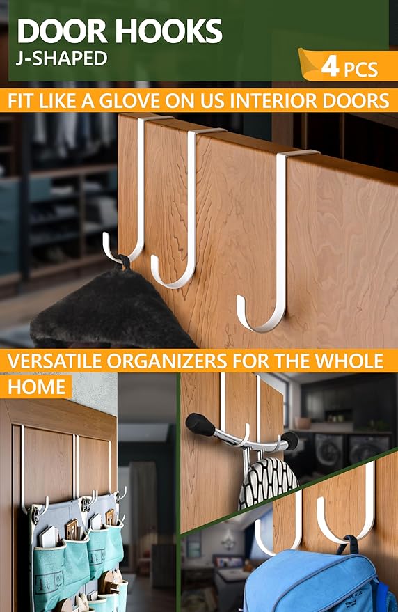 Over the Door Hooks 5 Pack - White Coat Hanger x 4 & 2-Sided Wreath Hanger x 1 Set, Towel Holder for Door Width up to 1 3/8", Hooks for Hanging with Anti-Scratch Pads & Removable Non-Slip Dots