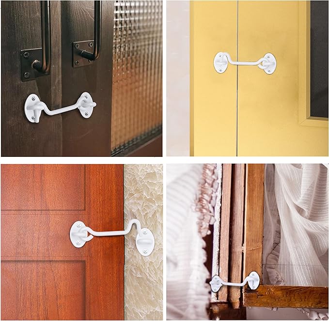 Eco-Fused 4-inch Heavy Duty Hook and Eye Latch - 2X Barn Door Lock (White), 8X Mounting Screws - Powder Coated Stainless Steel Hooks for Door, Windows, Sheds, Fences, Gates, Closets, Cabinets