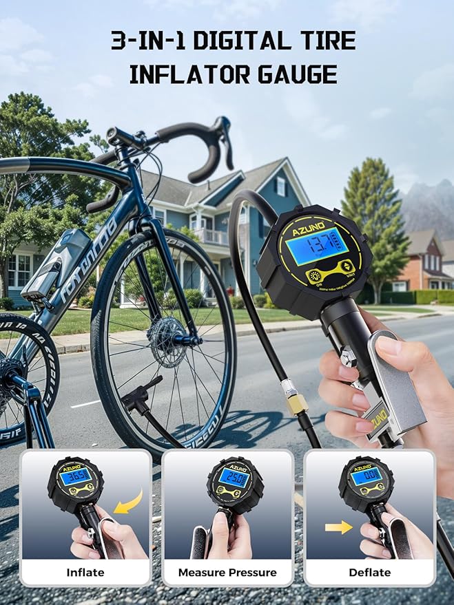 AZUNO Presta Valve Adaptor with Pressure Gauge, 200psi Dual-Port Schrader & Presta Valve Pump, Bike Tire Inflator for Air Compressor, Can Check, Inflate, Deflate for Bicycles, Motorcycles, Cars